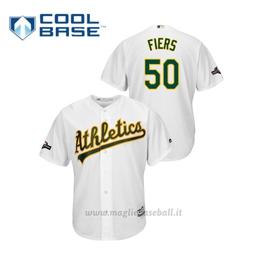 Maglia Baseball Uomo Oakland Athletics 50 Mike Fiers 2019 Postseason Cool Base Bianco
